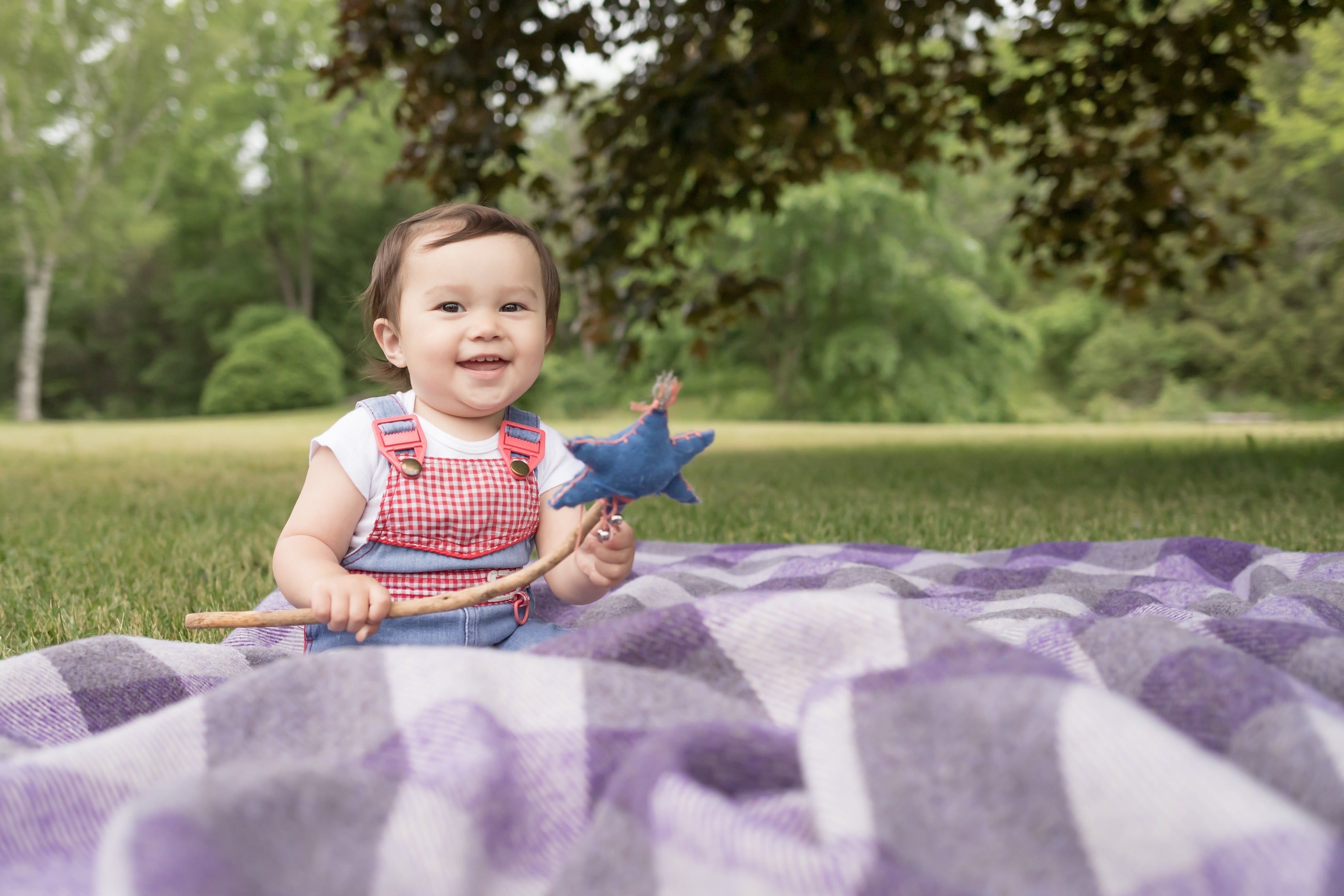 Smiling dark haired toddler waving a star wand, sitting on a purple checkerboard Topsy Farms' blanket on a green lawn under a tree