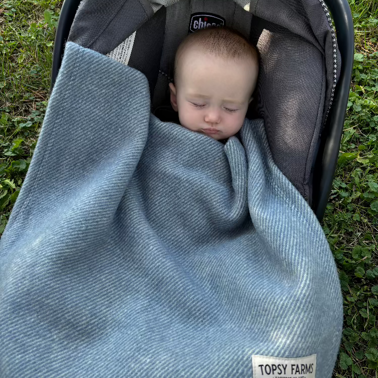 Baby in carseat in Topsy Farms' wool blanket