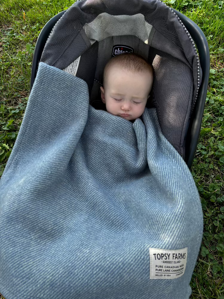 Baby in carseat in Topsy Farms' wool blanket