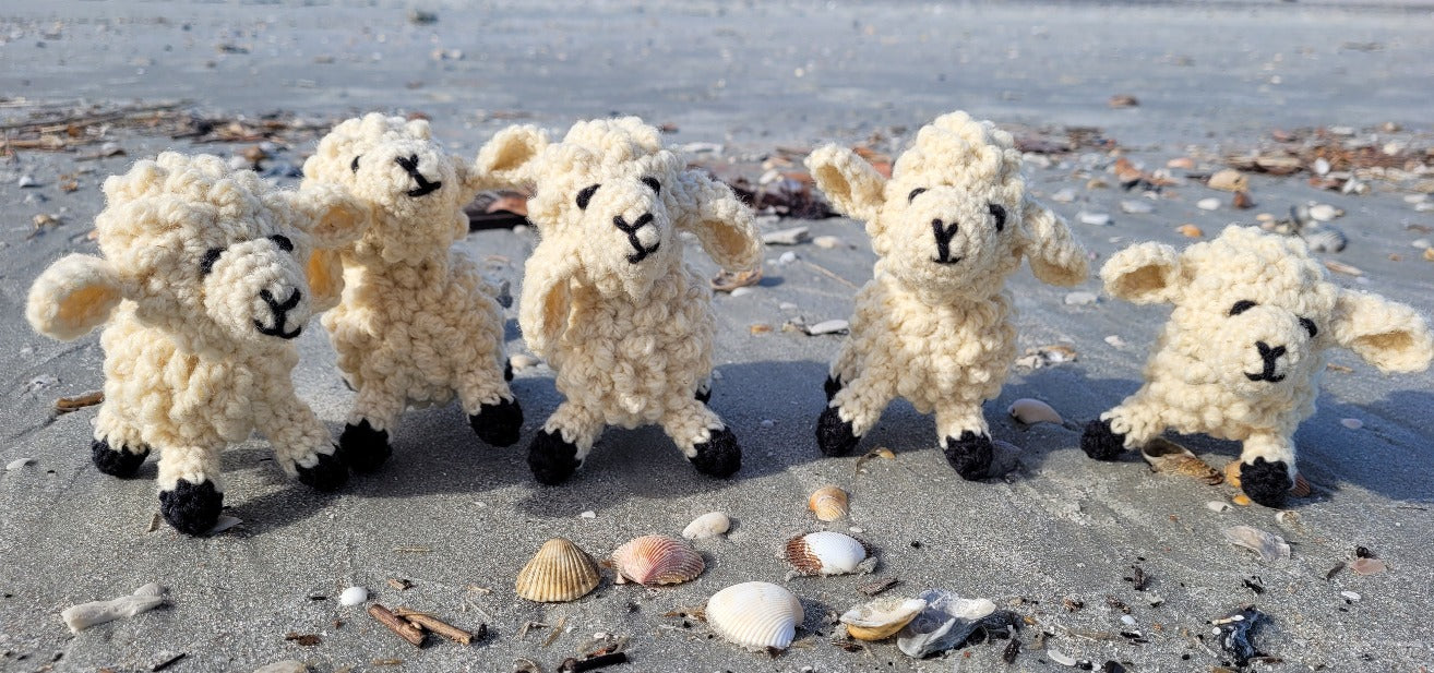 Topsy Farms' handmade wool sheep on a sand beach