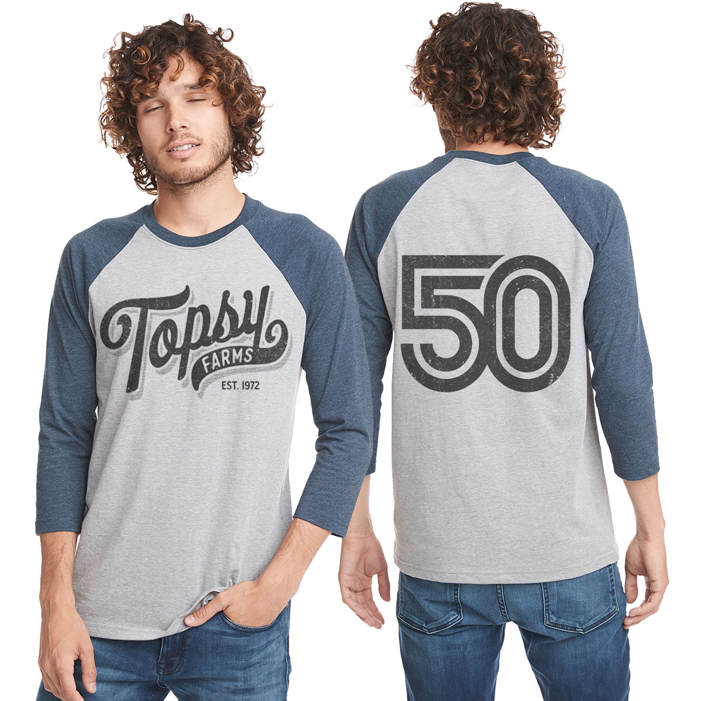 Curly haired man in grey Topsy Farms' baseball shirt with blue heather sleeves and large number 50 on the back