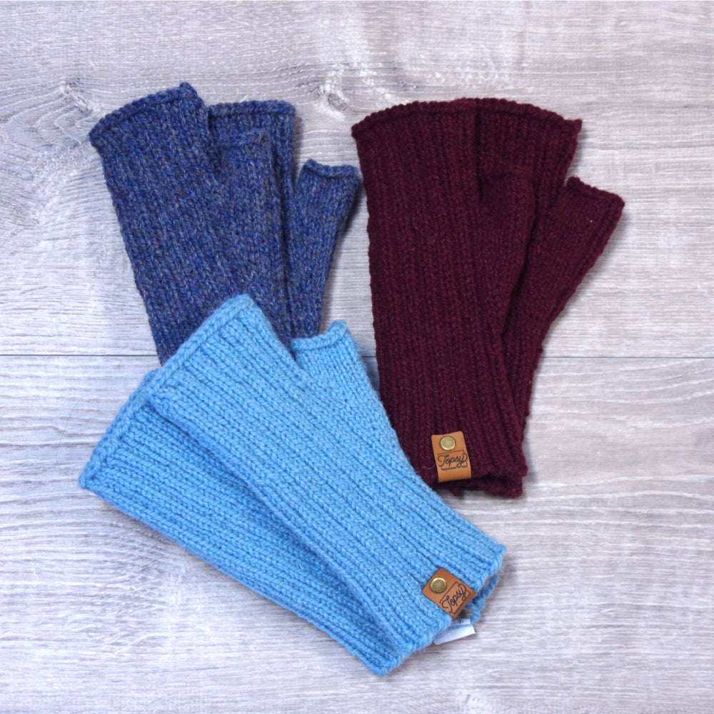 three pairs of fingerless mitts, made from Topsy Farms' wool