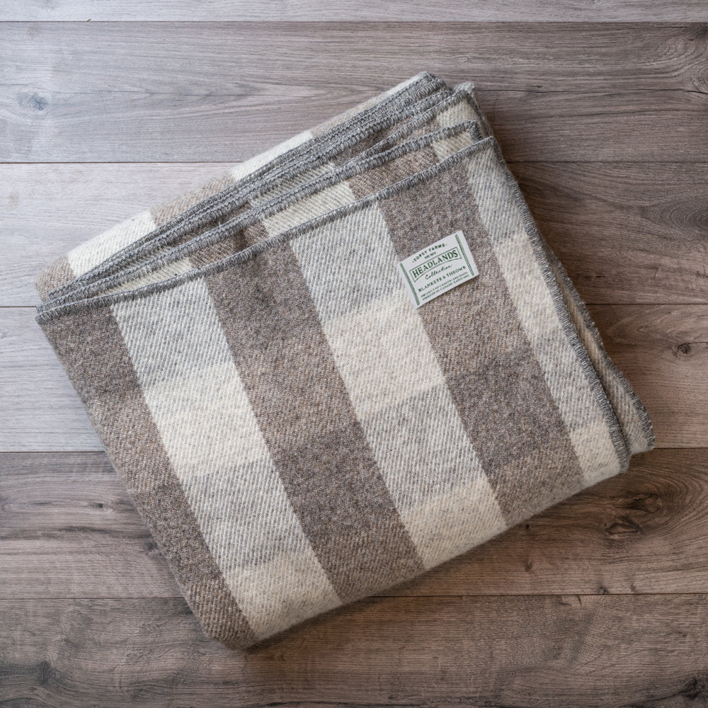 Topsy Farms grey checkerboard Canadian wool blanket folded