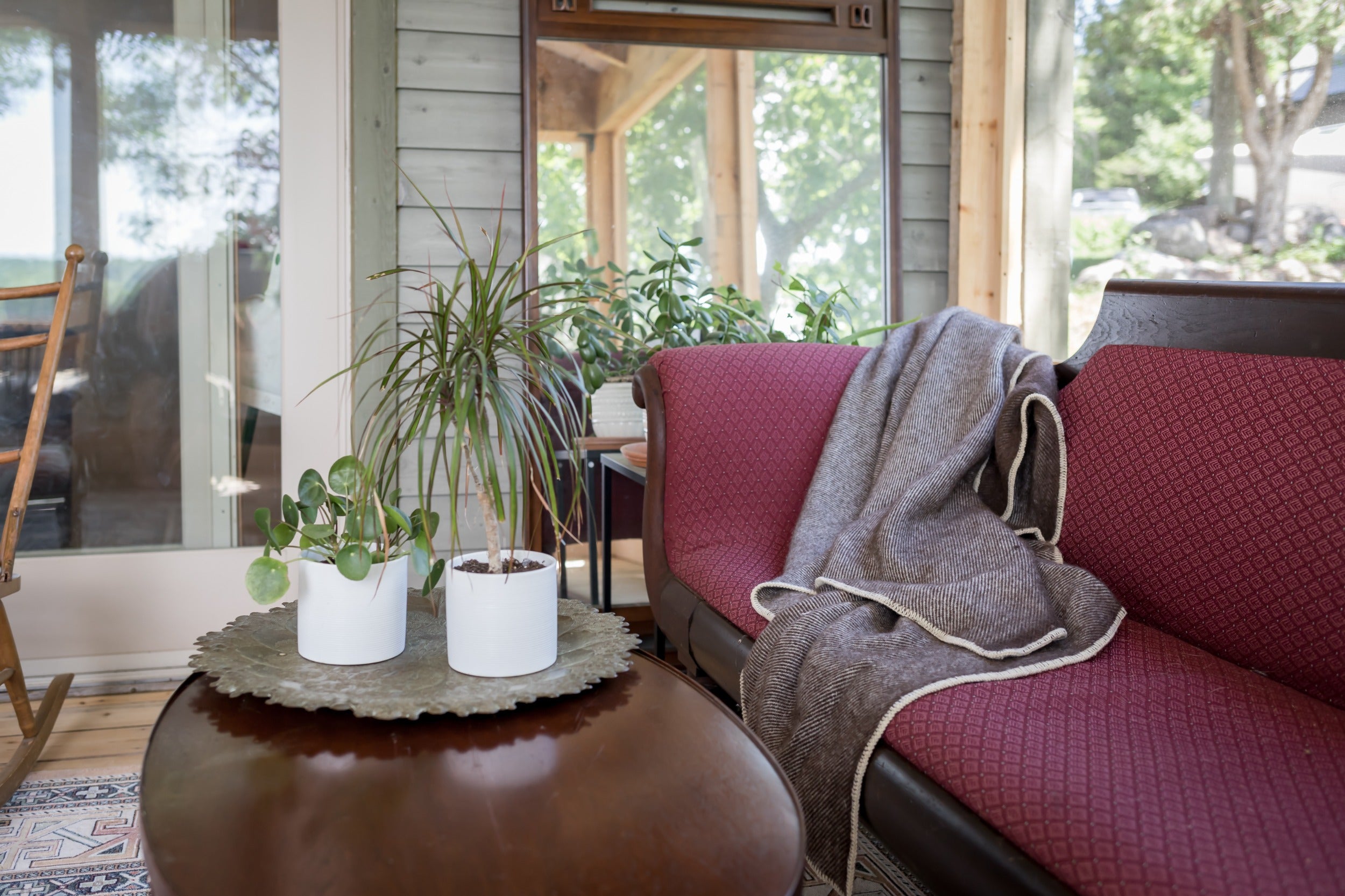 Topsy Farms' Live Edge collection wool/alpaca blanket, draped on an old fashioned burgundy couch, in a sunroom with table full of plants