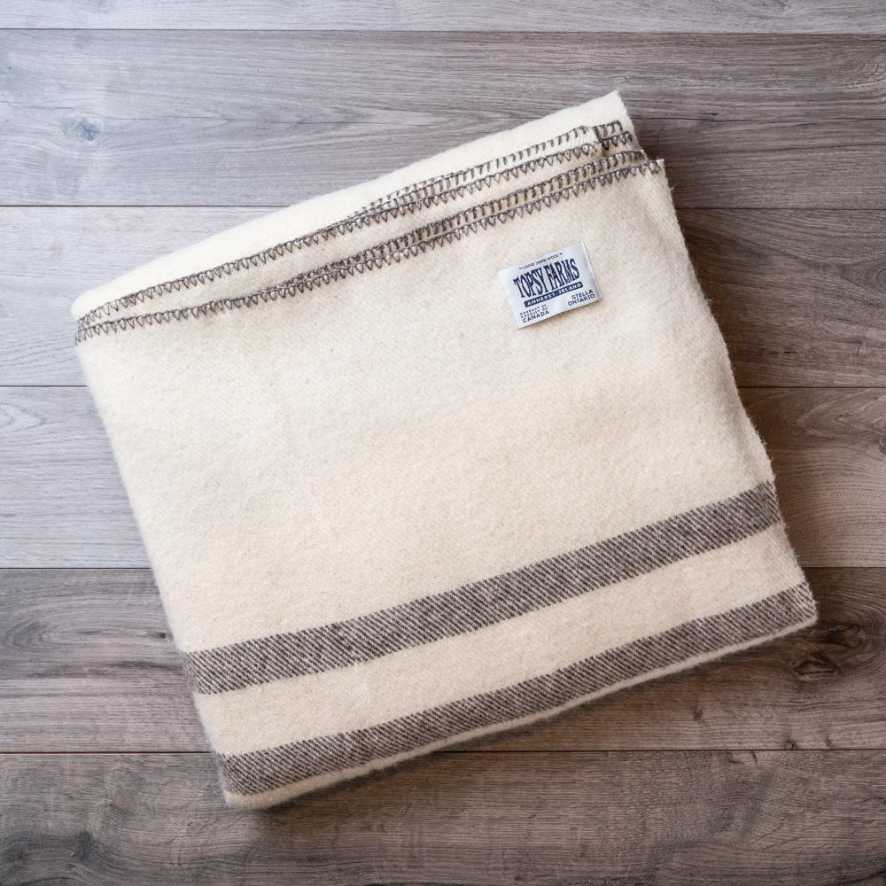 Folded white wool blanket with dark grey stripes and edging, with Topsy Farms tag in top right corner, on a barn board background