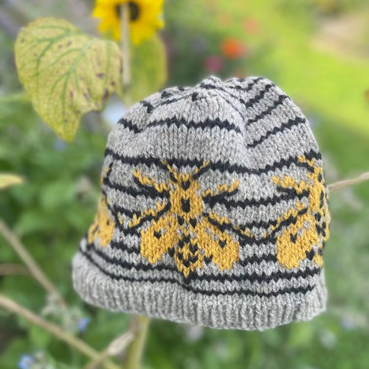 Topsy Farms' handknit Canadian wool toque in grey with yellow bees