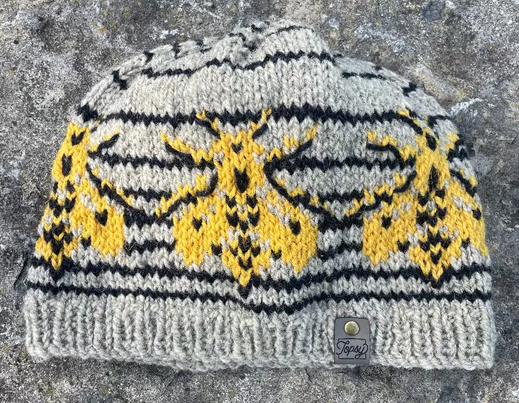 Topsy Farms' handknit Canadian wool toque in grey with yellow bees