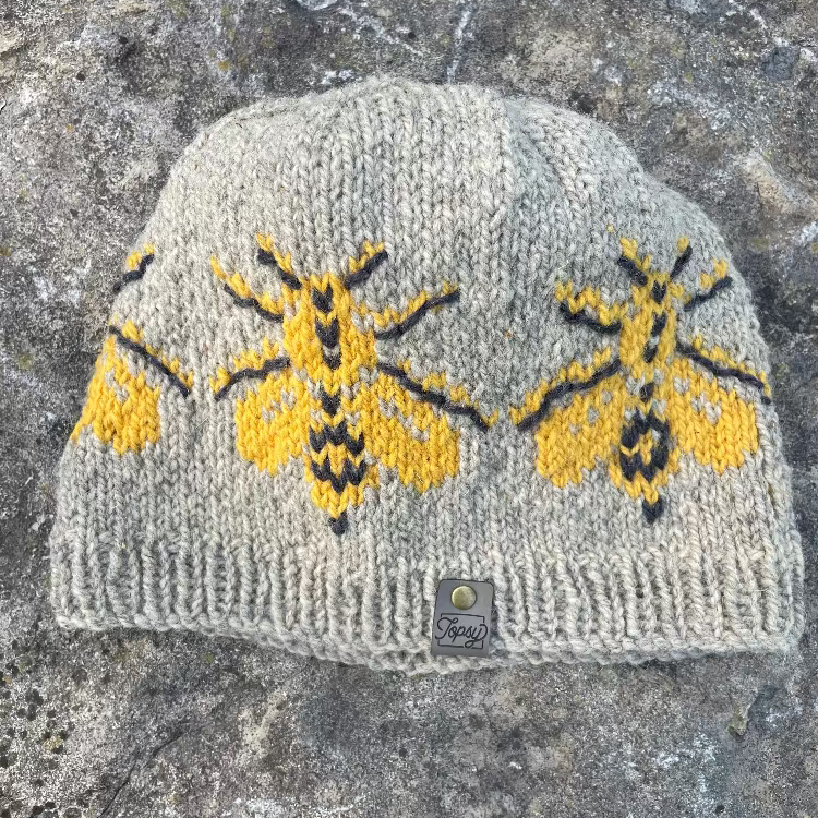 Topsy Farms' handknit Canadian wool toque in grey with yellow bees