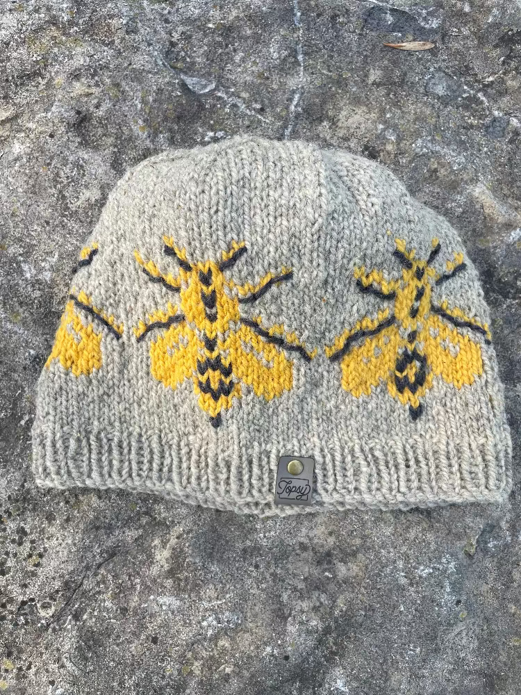 Topsy Farms' handknit Canadian wool toque in grey with yellow bees