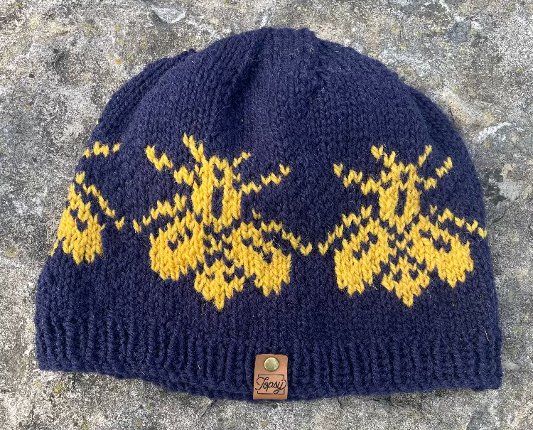 Topsy Farms' handknit Canadian wool toque in grey with yellow bees