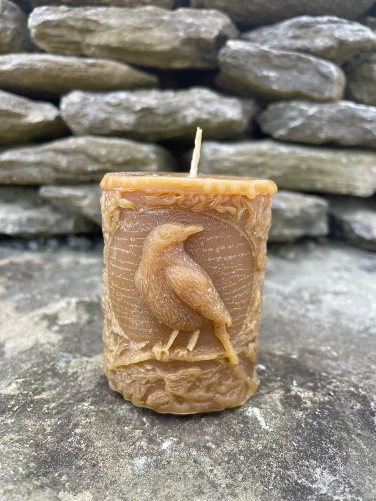 Topsy Farms' handmade beeswax pillar candle with birds and leaves