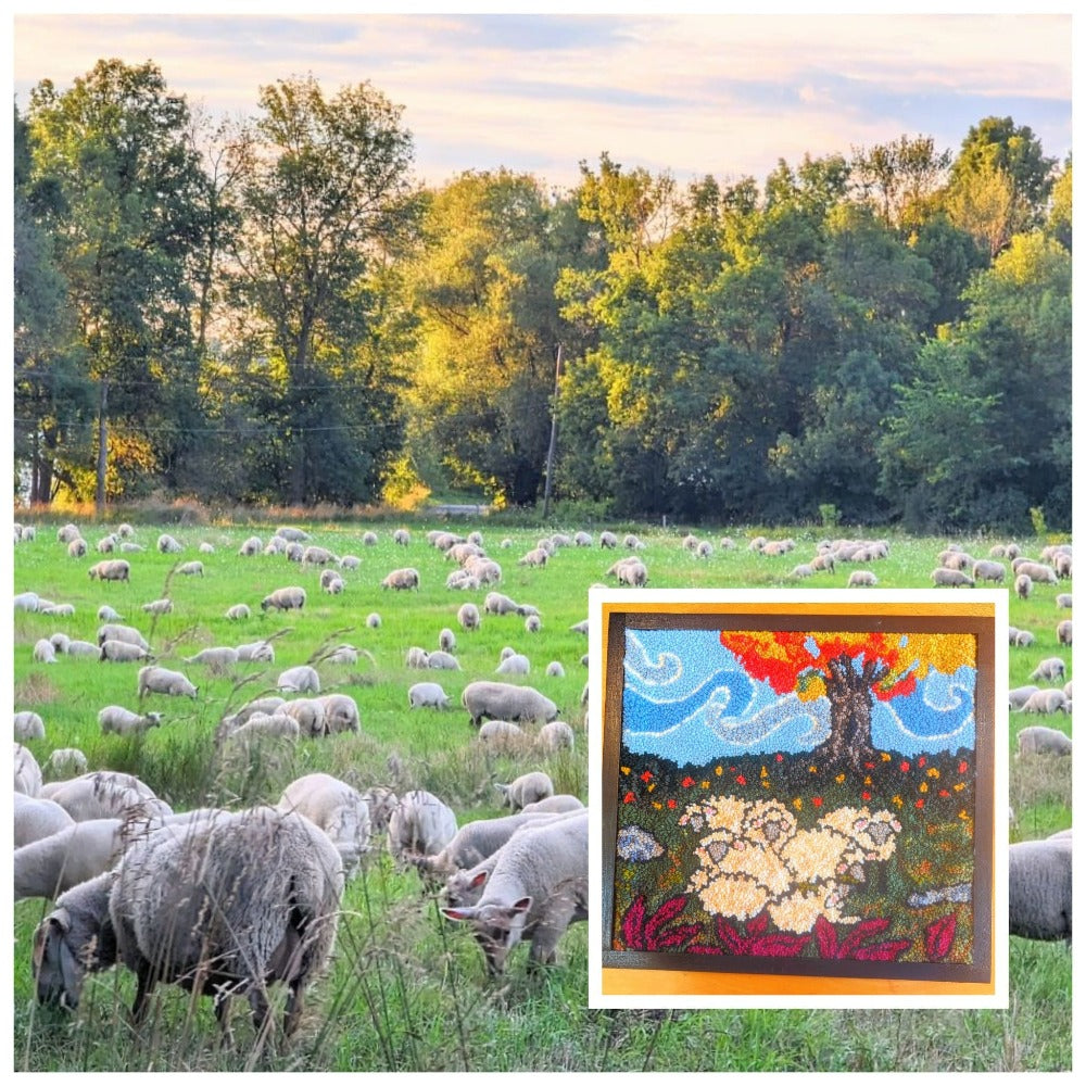 Topsy Farms' handmade wool wall hanging with sheep in the background