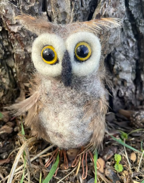 Handmade wool owl with real feathers