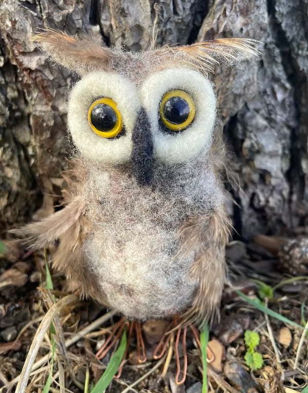 Handmade wool owl with real feathers