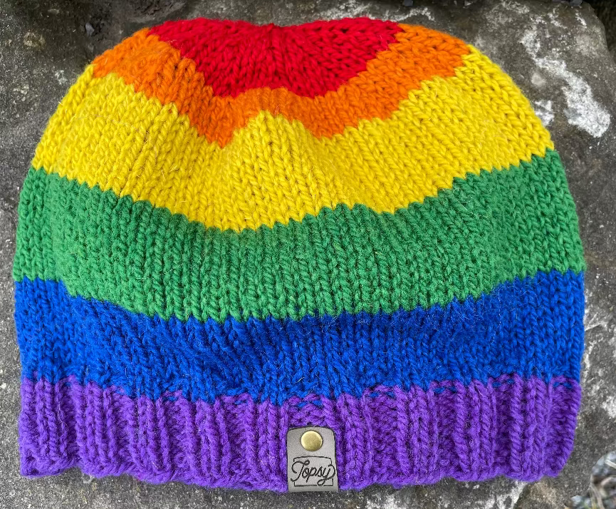 Topsy Farms' handmade wool rainbow beanie