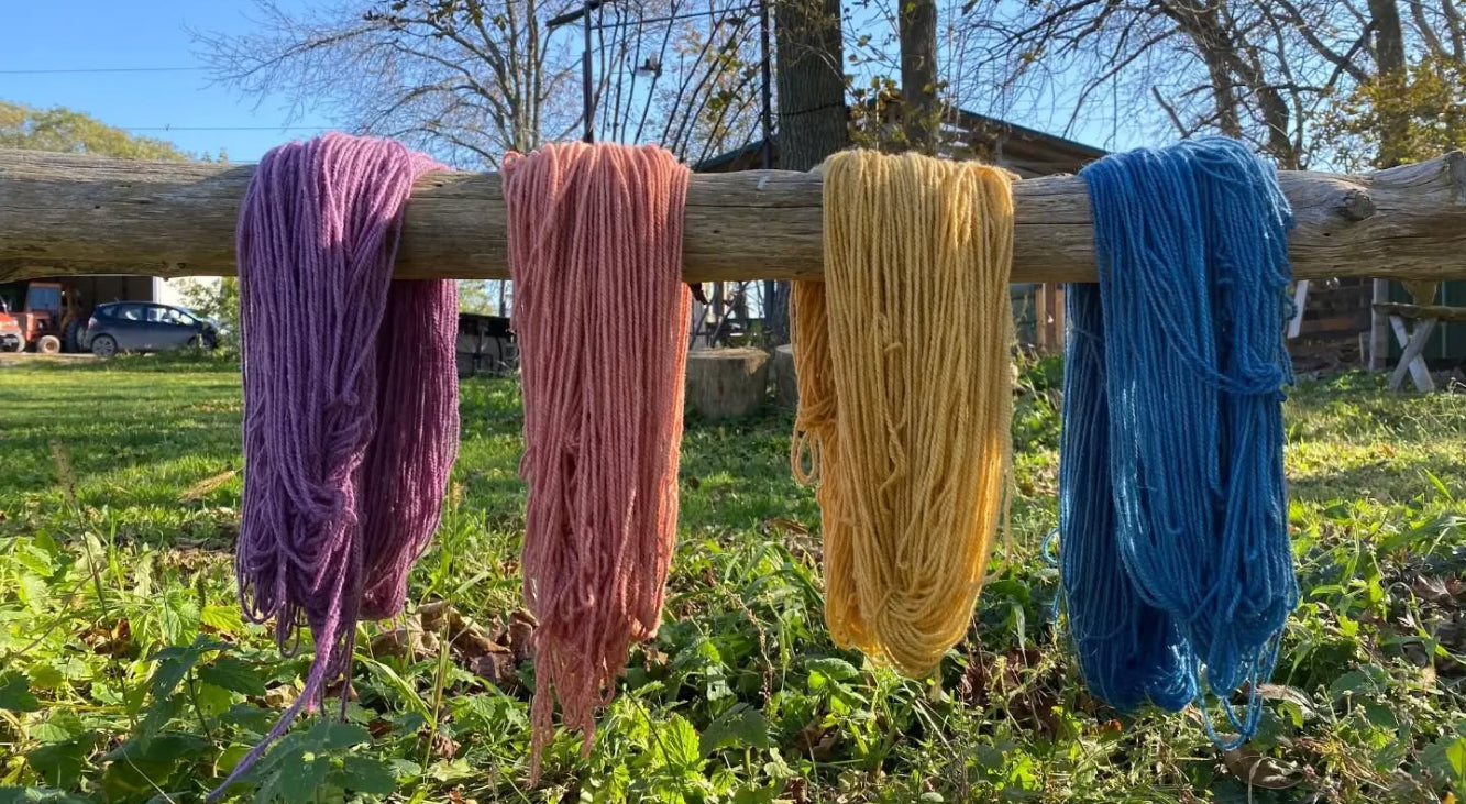Topsy Farms' naturally dyed Canadian wool yarn on a wooden rail