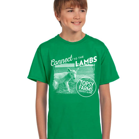 Topsy Farms' Connect to the Lambs tee shirt in irish green