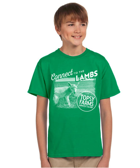 Topsy Farms' Connect to the Lambs tee shirt in irish green