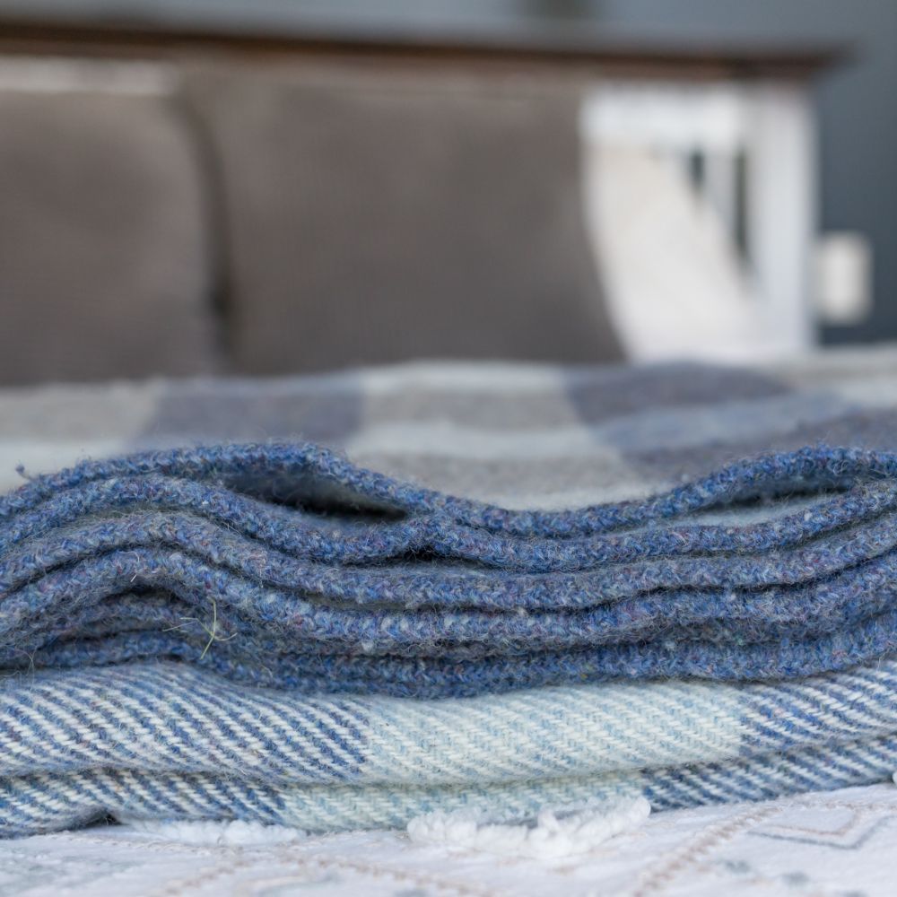 Blue Heather and Blue Tweed Checkerboard Wool Blanket