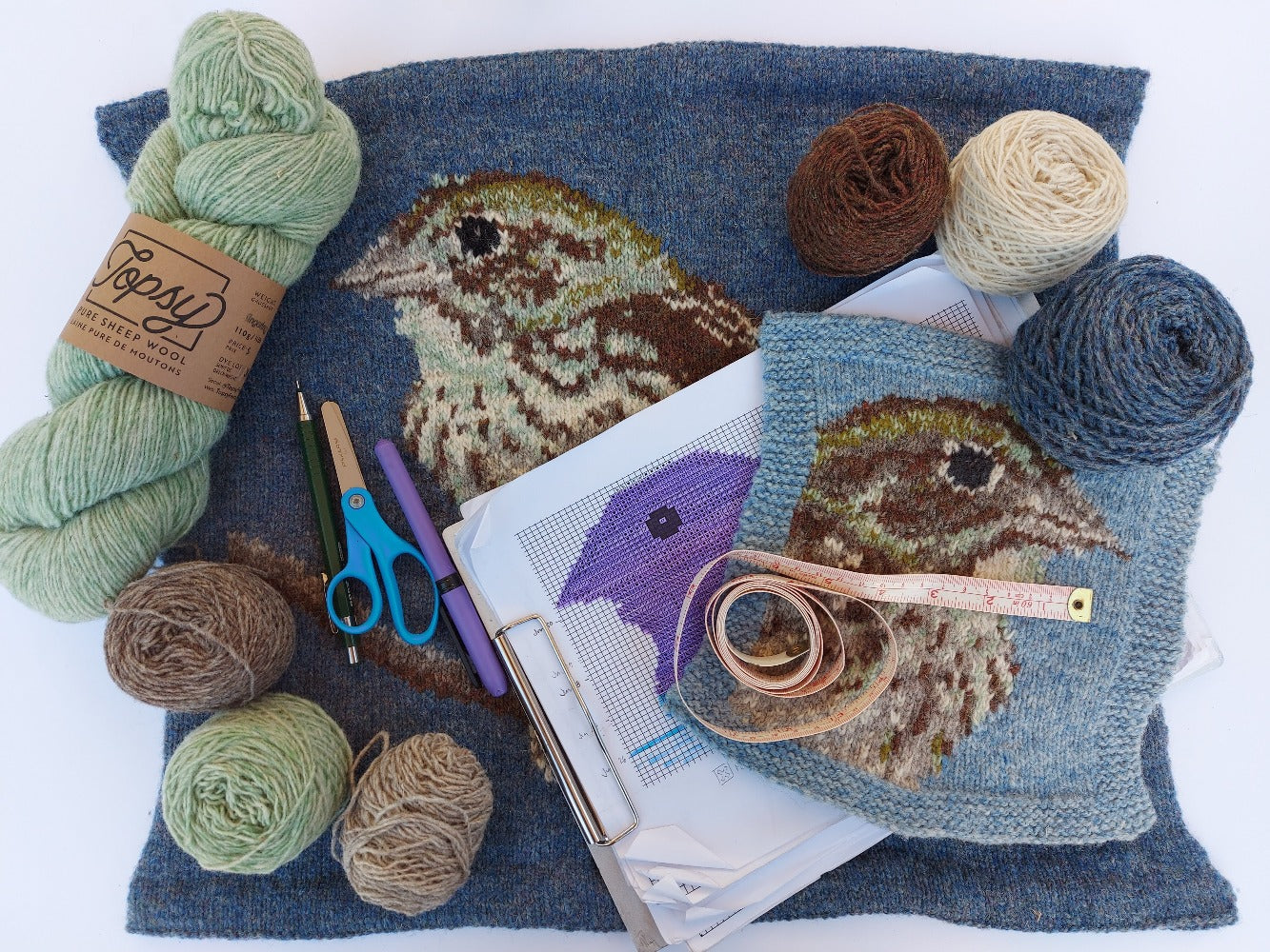 Topsy Farms' knitted wool sparrow pillow kit