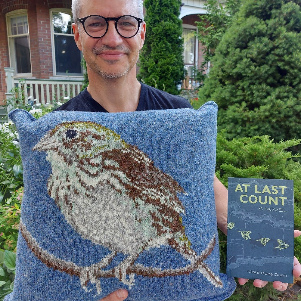 Topsy Farms' knitted wool sparrow pillow