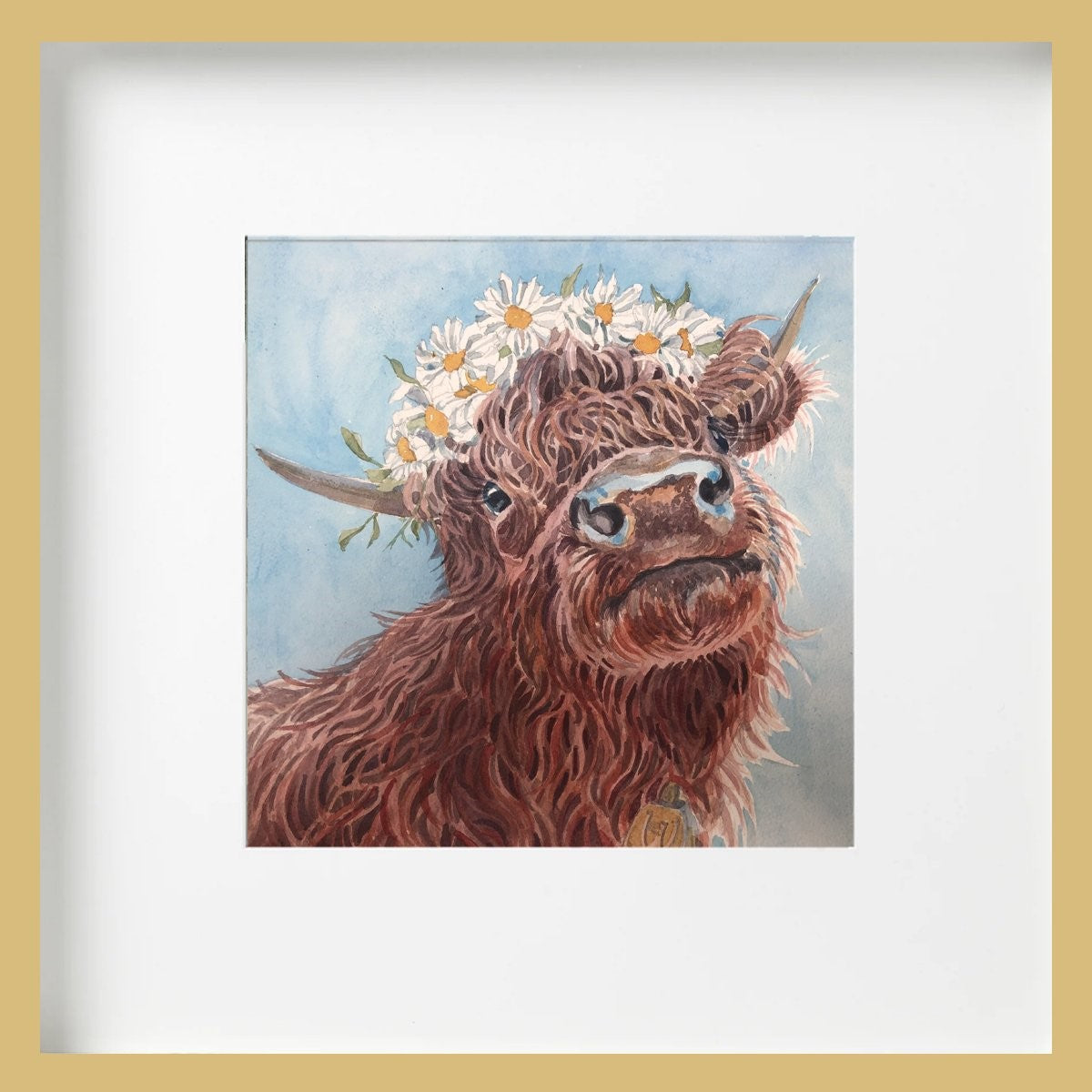 Topsy Farms' Willow the highland cow wearing a crown of daisies