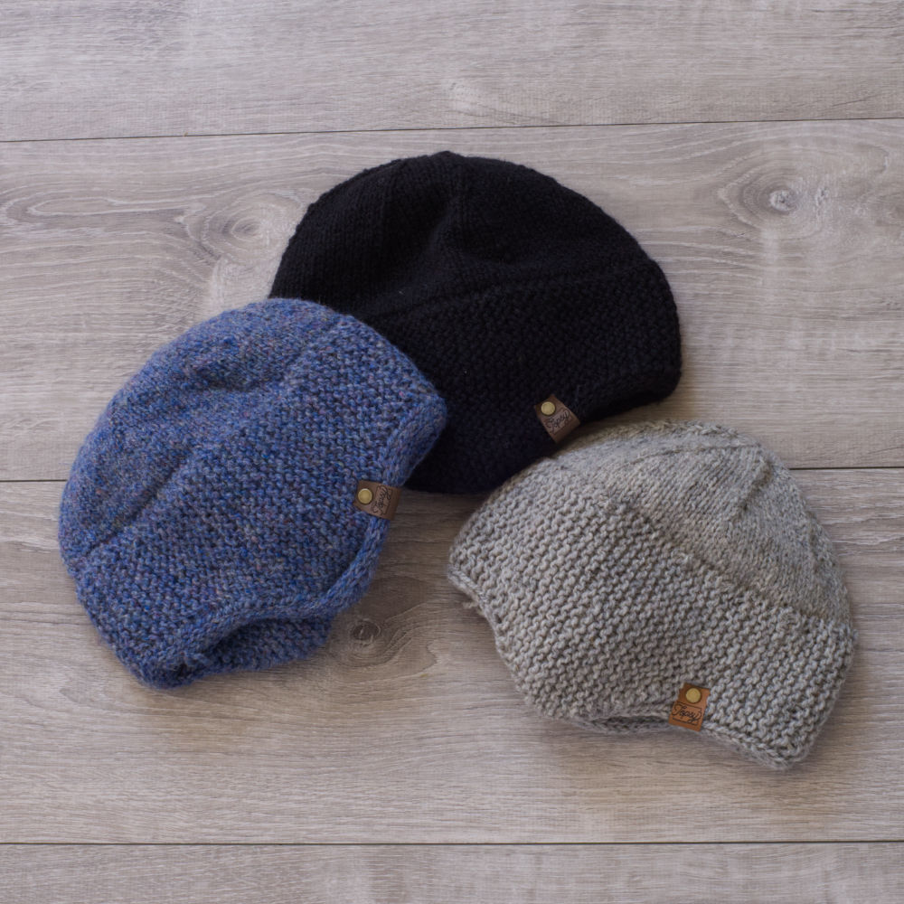Topsy Farms hand knit mariner's hat (blue heather, black, light grey)
