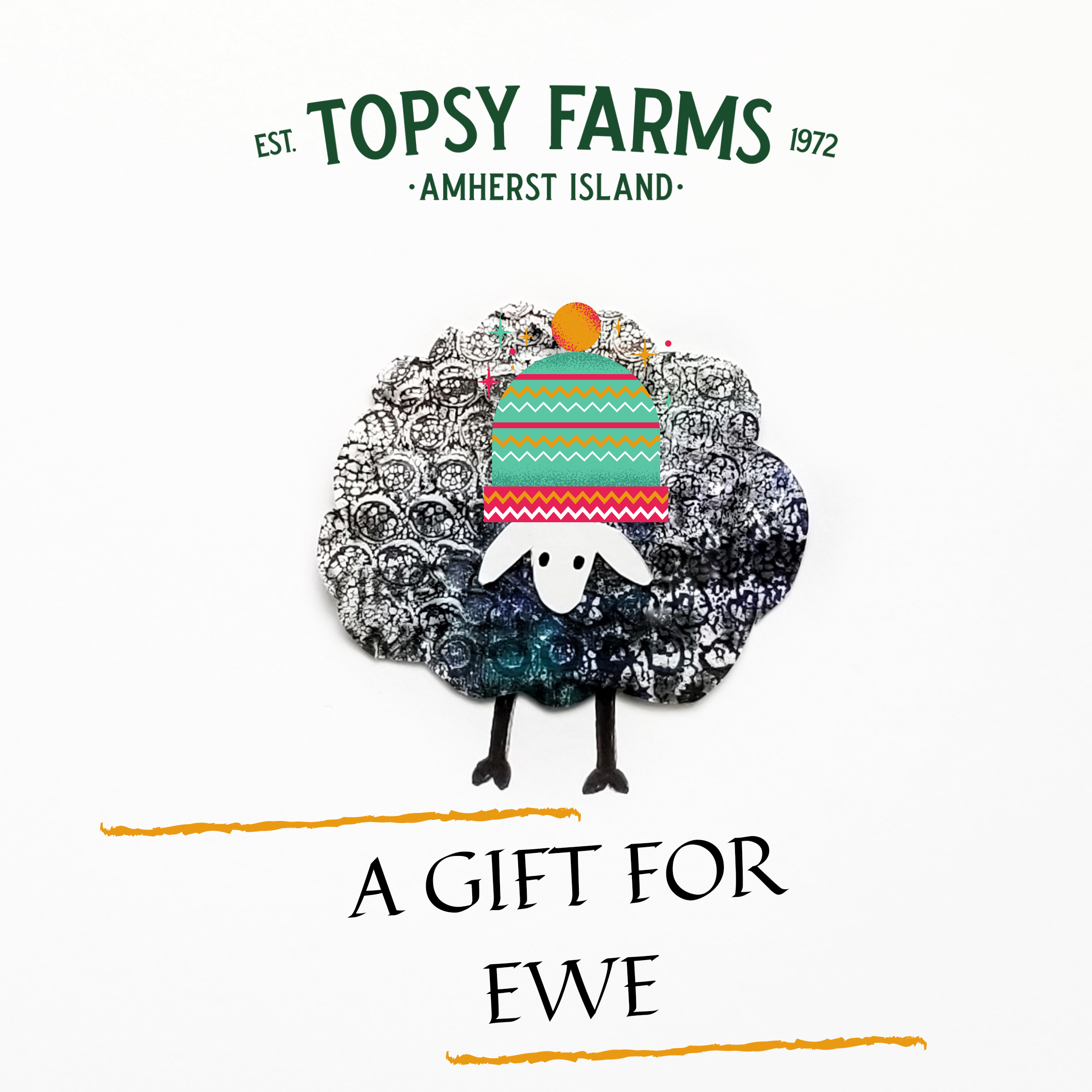 Topsy Farms' cartoon sheep wearing a multicoloured pompom hat, with 