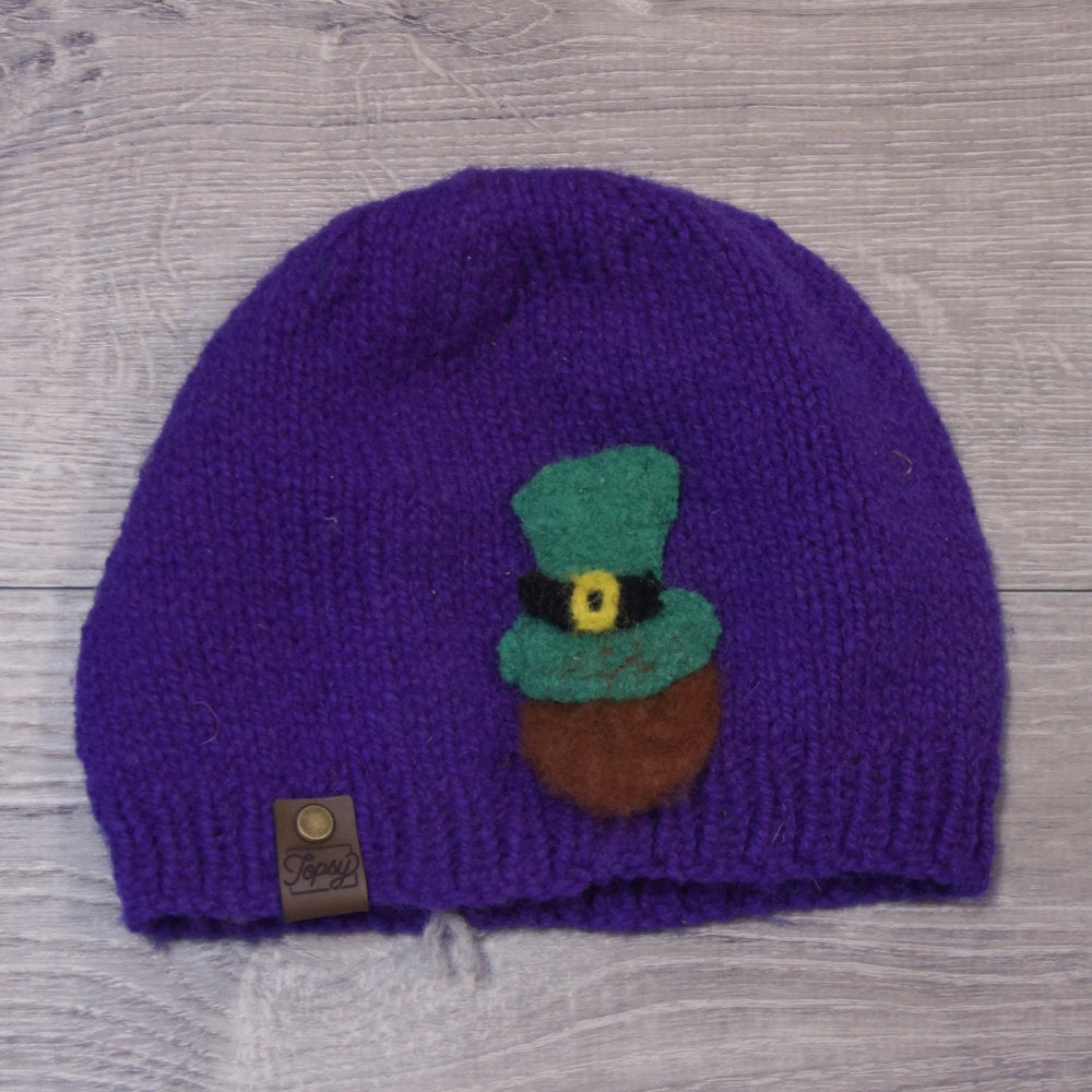 Purple knitted toque with felted leprecaun attached. Made with Topsy Farms' wool