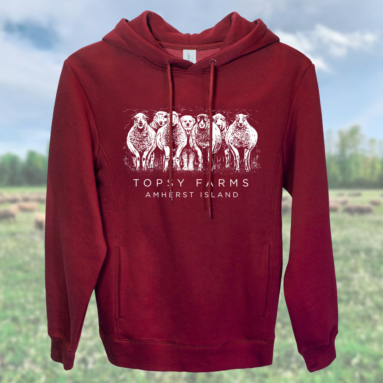 Topsy Farms' sheep and dog hoodie in burgundy
