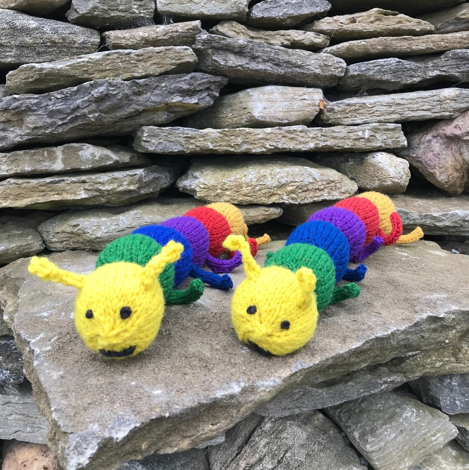 Topsy Farms' handmade rainbow wool caterpillar stuffie