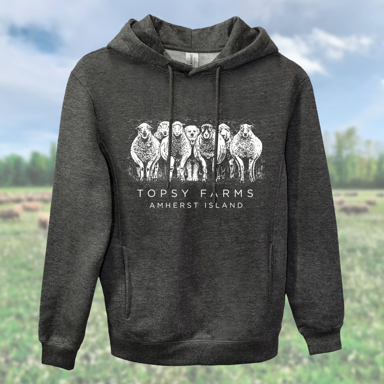 Topsy Farms' sheep and dog hoodie in charcoal healther