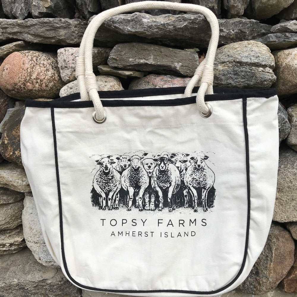 Topsy Farms' canvas tote with sheep and dog graphic
