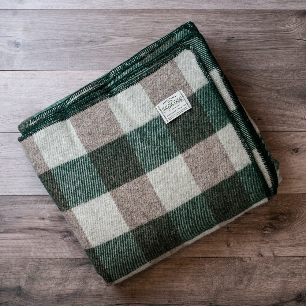 Topsy Farms' forest green and grey checkerboard wool blanket