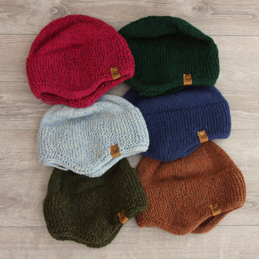 Topsy Farms hand knit mariner's hat (raspberry, forest green, blue tweed, royal blue, green heather, carrot cake)
