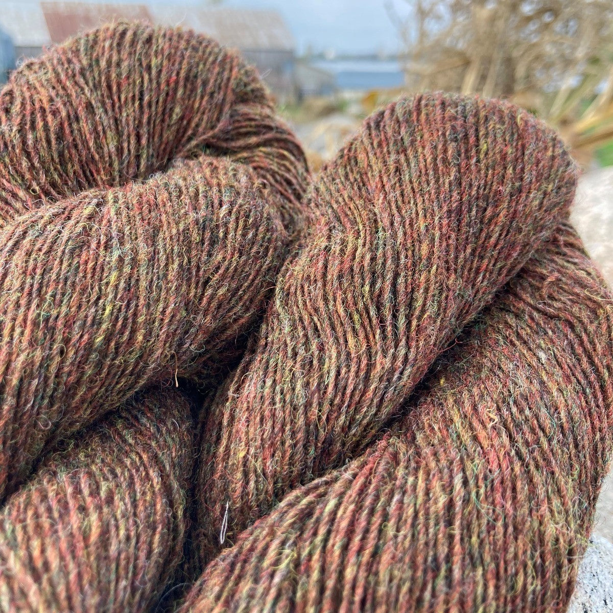 Topsy Farms' brown heather yarn in fingering weight, with trees and lake in the background