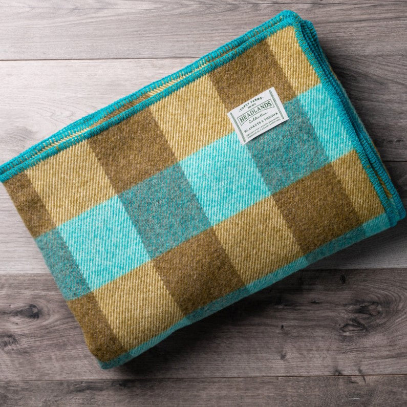 Olive Green and Turquoise Checkerboard Wool Blanket