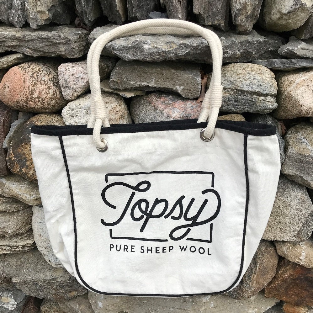 Topsy Farms' canvas tote with Topsy pure sheep wool graphic