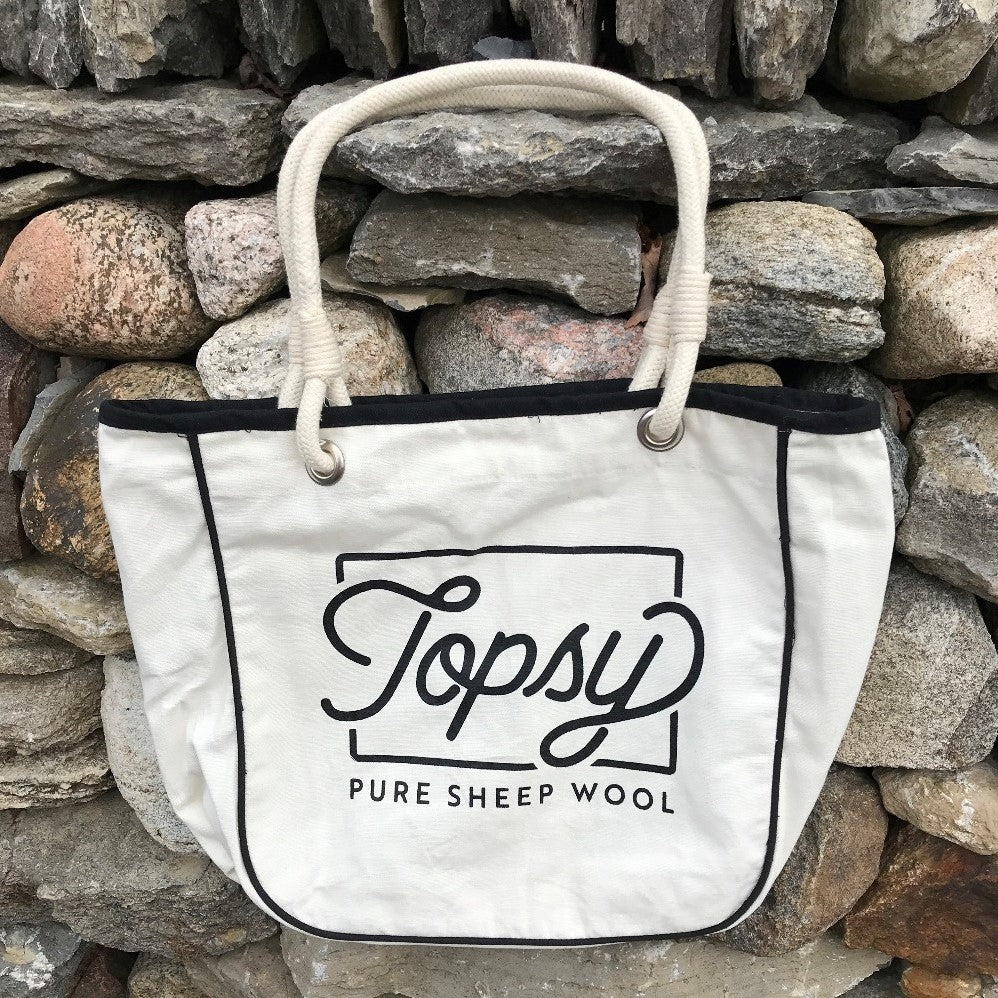 Topsy Farms' canvas tote with Topsy pure sheep wool graphic